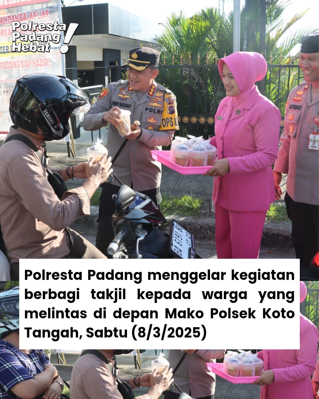 Polresta Padang menggelar kegiatan berbagi takjil kepada warga yang melintas di depan Mako Polsek Koto Tangah, Sabtu (8/3/2025).