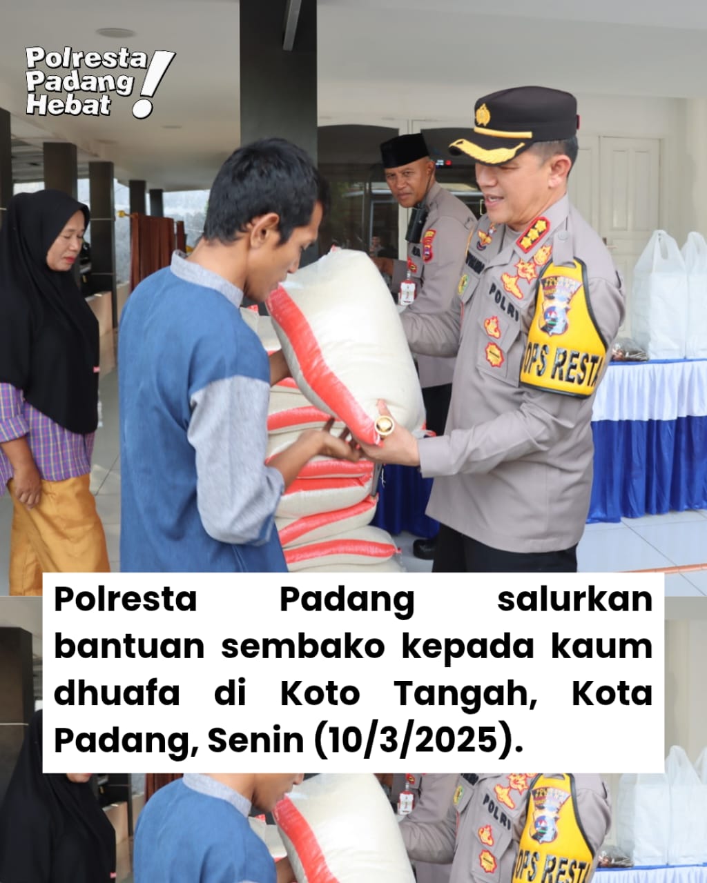 Polresta Padang salurkan bantuan sembako kepada kaum dhuafa di Koto Tangah, Kota Padang, pada Senin (10/3/2025).